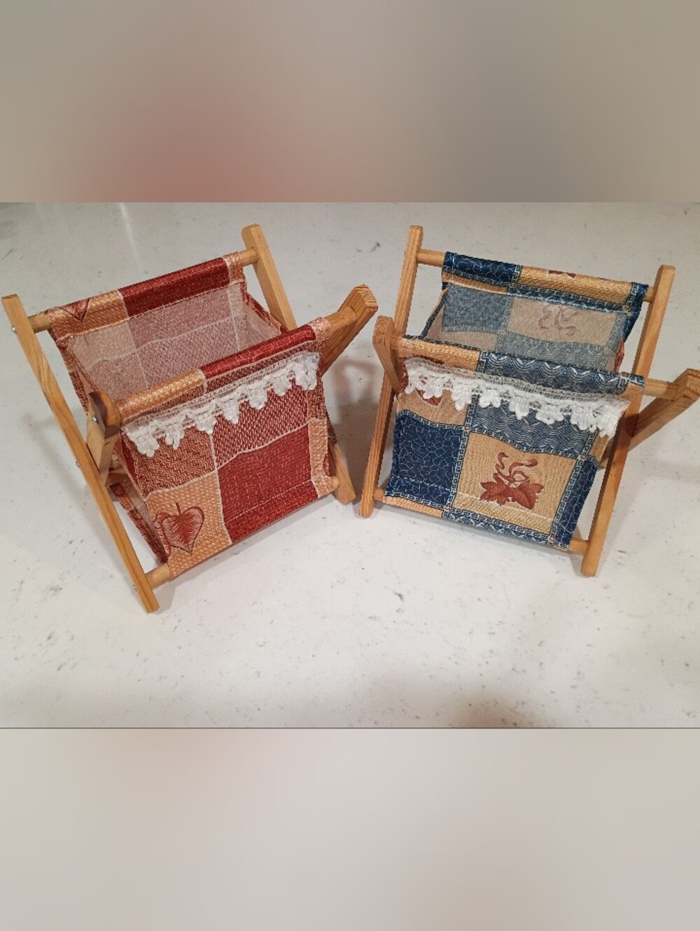 Set Of Vintage Wooden Knitting Caddies - Red and Blue